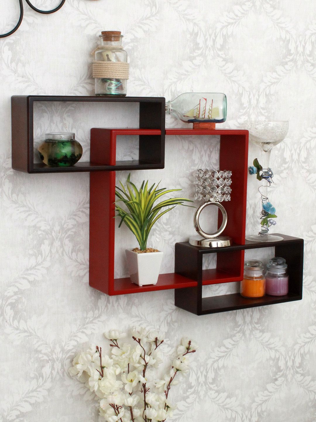 Home Sparkle Red & Brown MDF Basic Wall Shelf Price in India