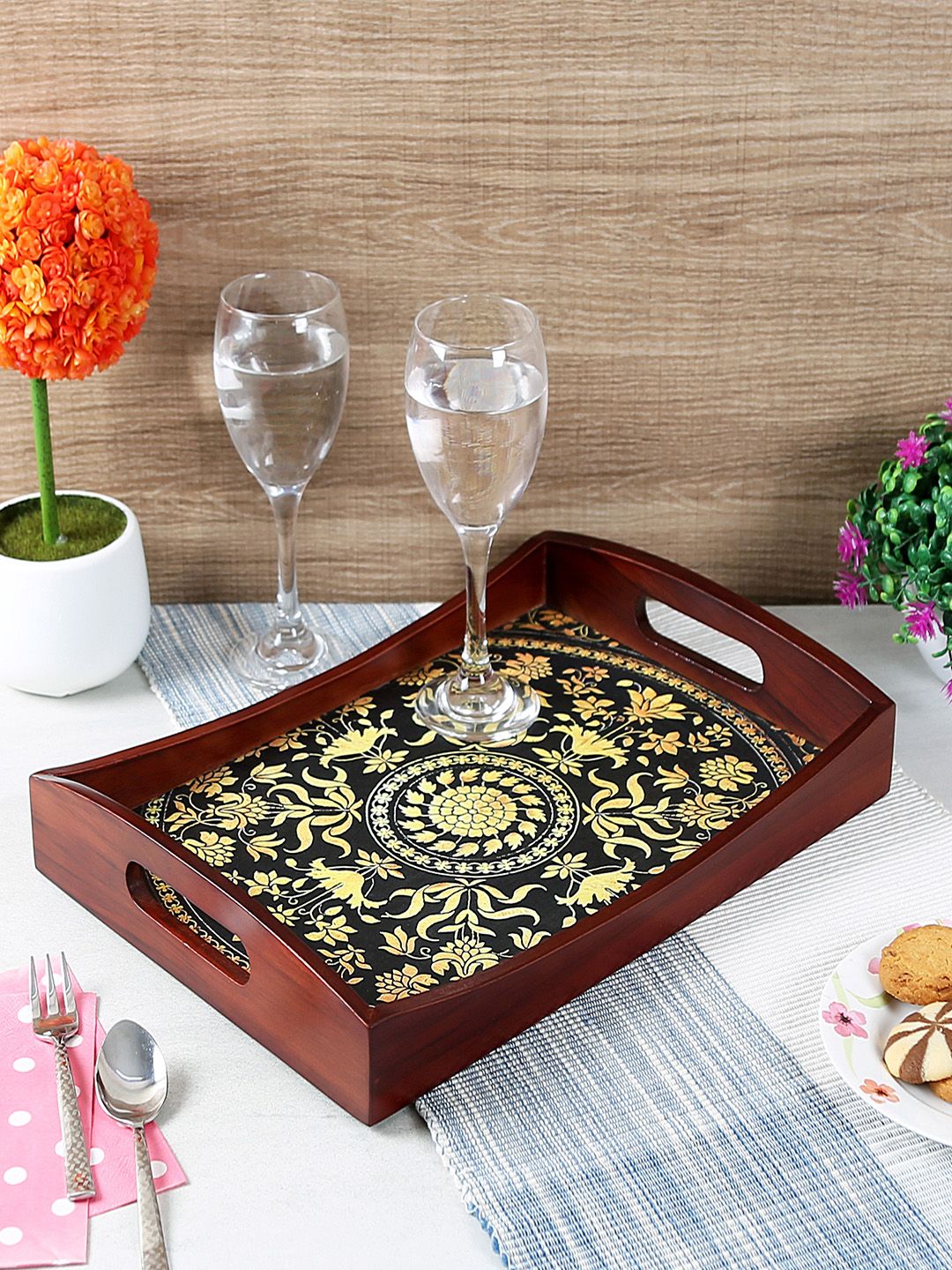 Reinvention Factory Brown & Gold-Toned Printed Medium Serving Tray Price in India