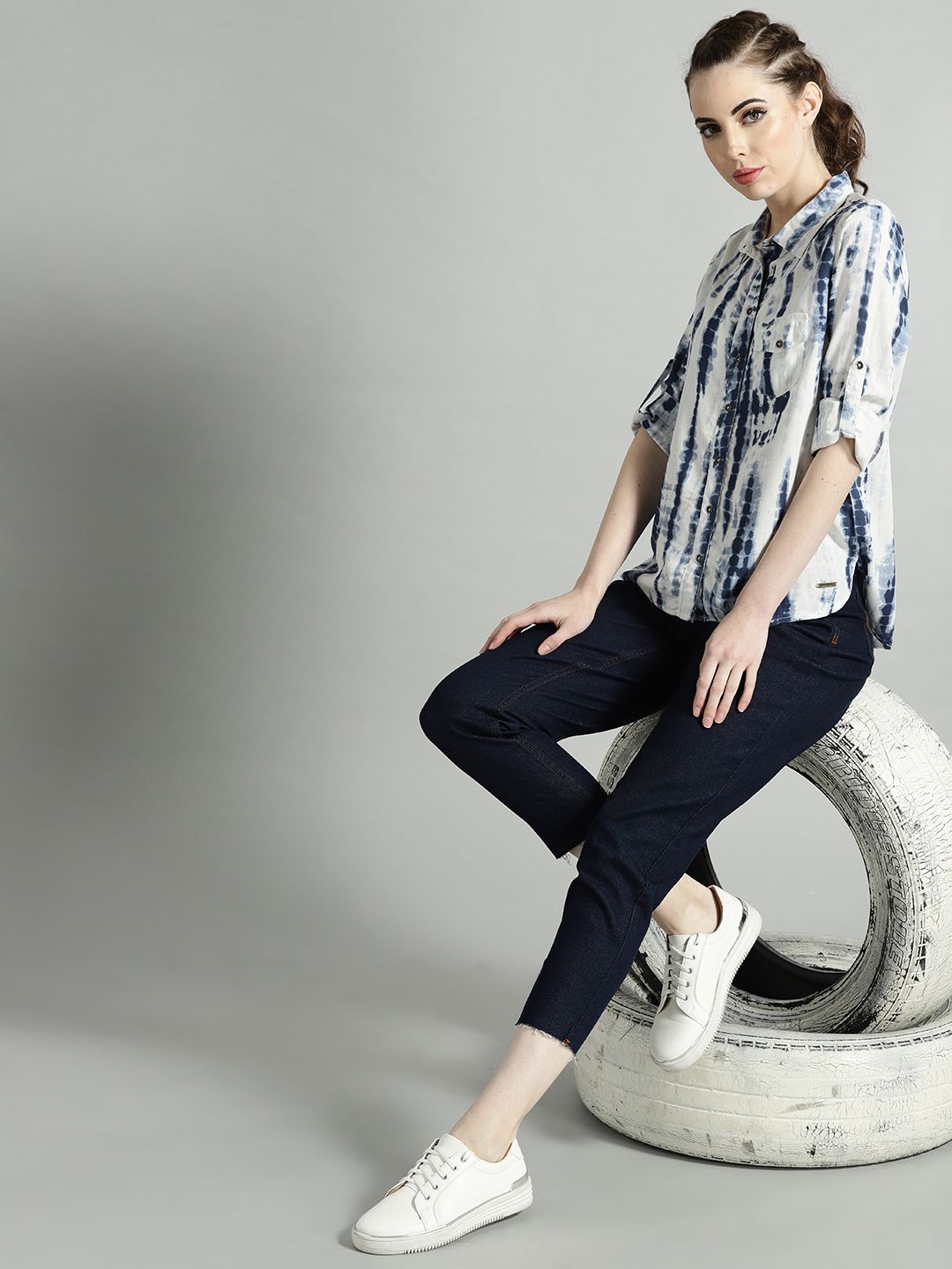 The Roadster Lifestyle Co Women White & Navy Blue Dyed Casual Shirt Price in India