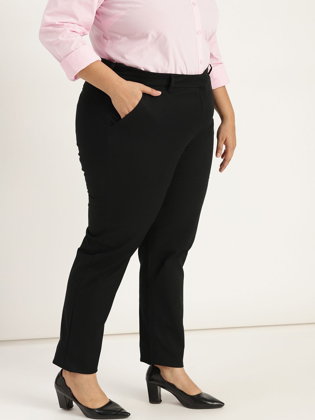 Sztori Plus Size Women Black Regular Fit Solid Formal Trousers