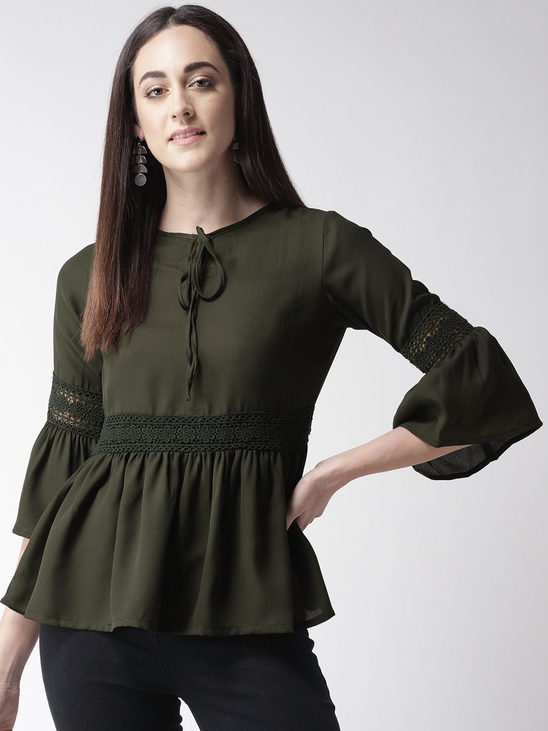 plusS Women Olive Green Solid A-Line Top