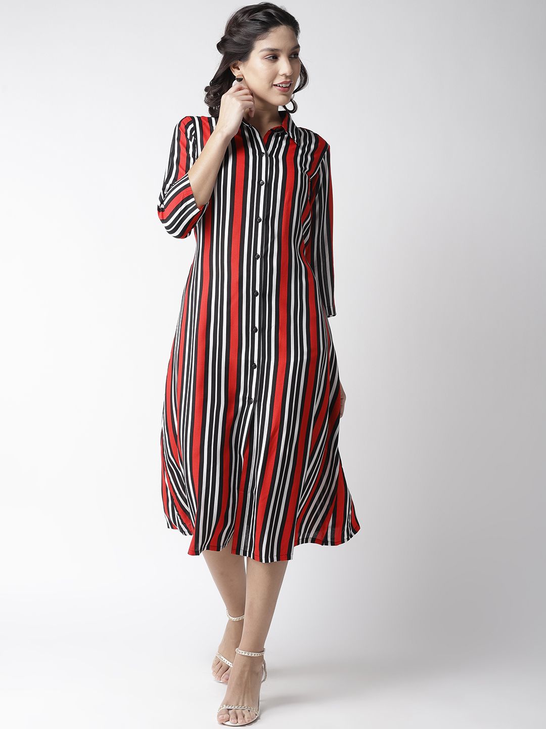 plusS Women Red & White Striped Shirt Dress Price in India