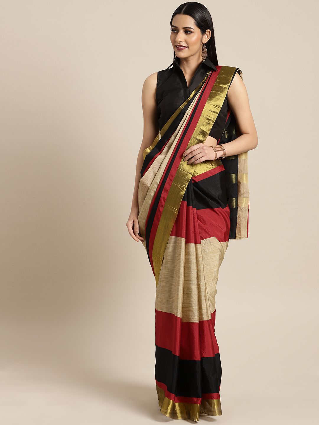 Saree mall Black & Red Striped Art Silk Saree Price in India