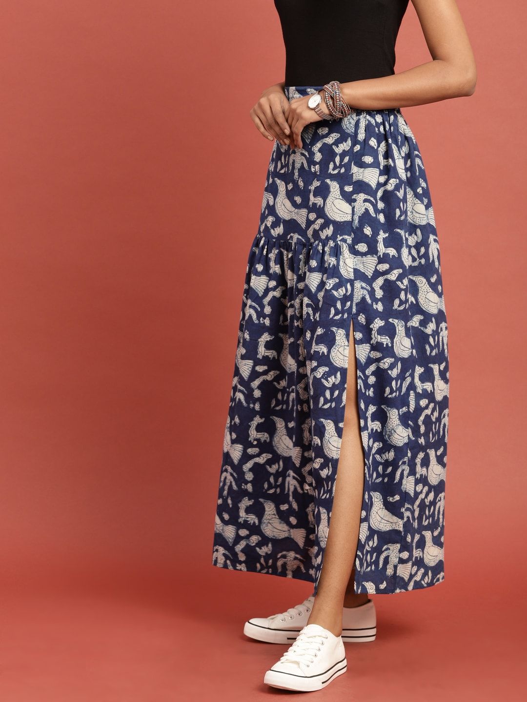 Taavi Blue & Off-White Indigo Hand Block Print Maxi Flared Sustainable Pure Cotton Skirt with Gathers & Slit Price in India