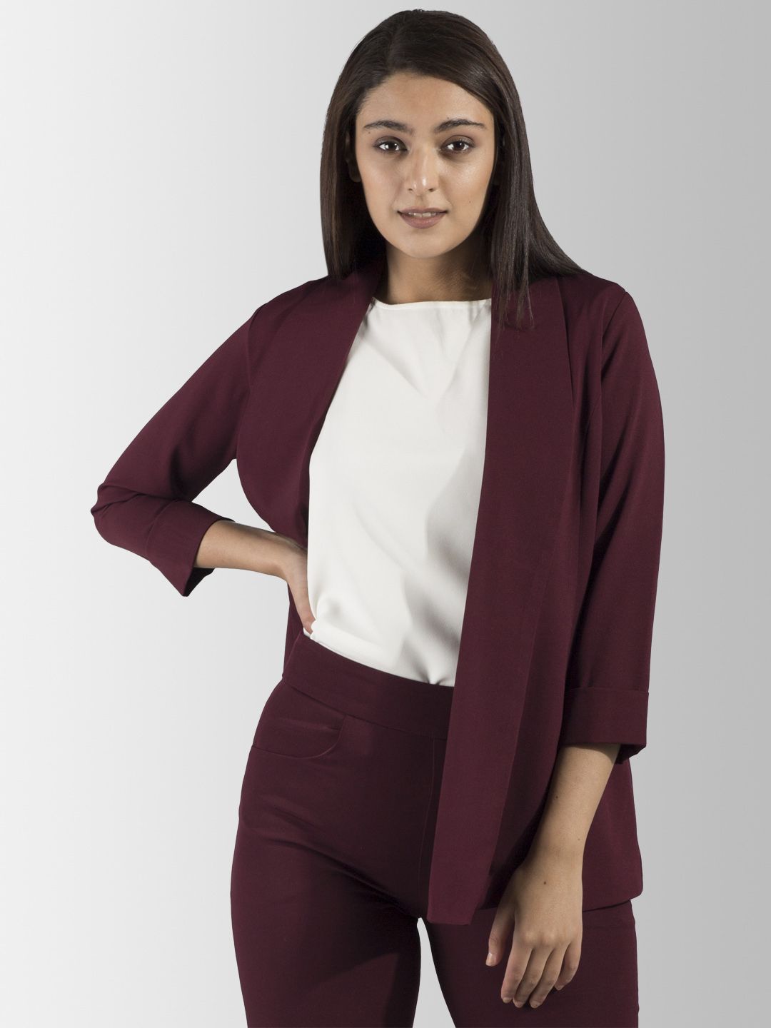 FableStreet Women Maroon Solid Open Front Jacket Price in India