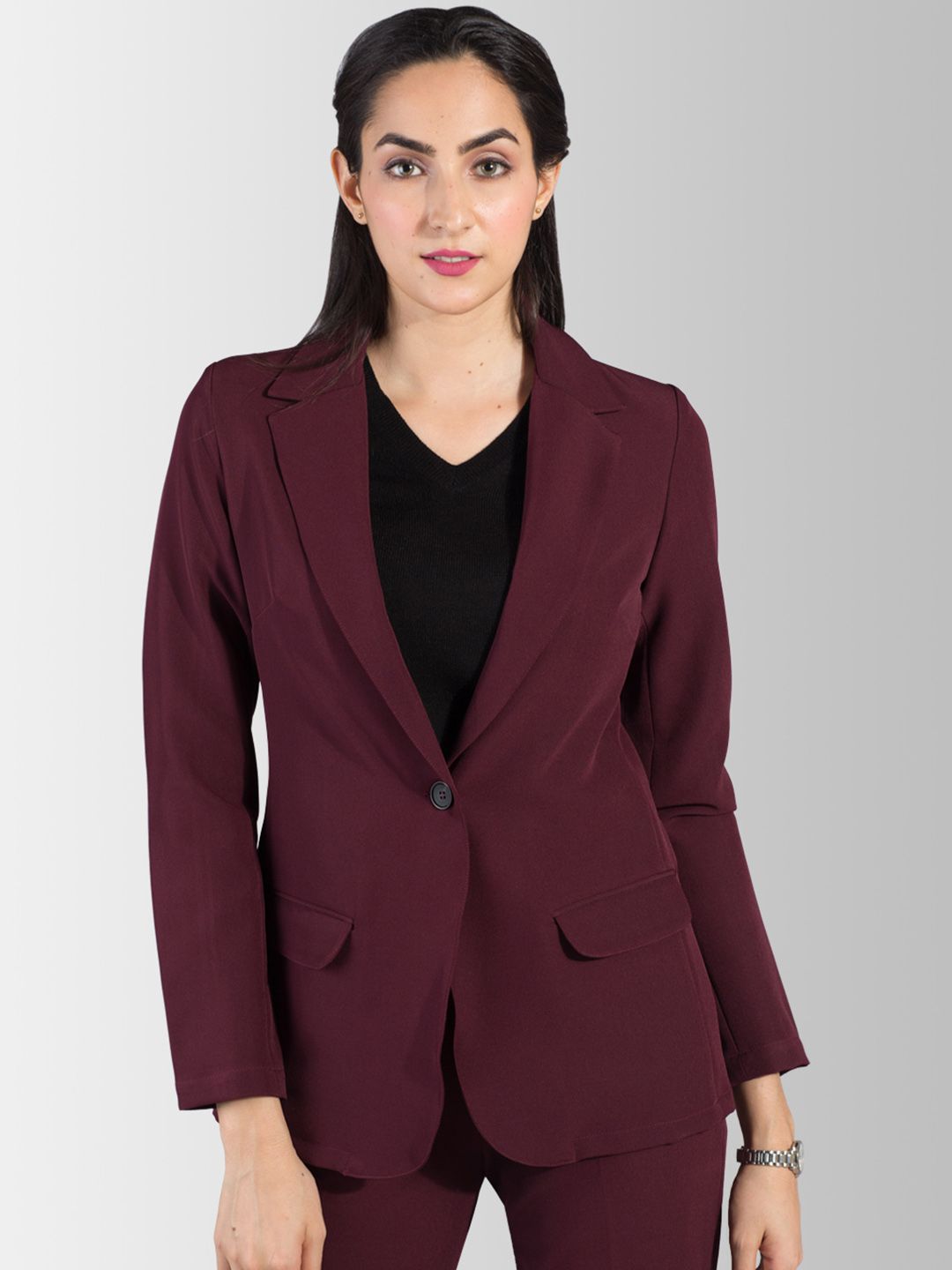 FableStreet Women Maroon Solid Regular-Fit Single-Breasted Blazer Price in India