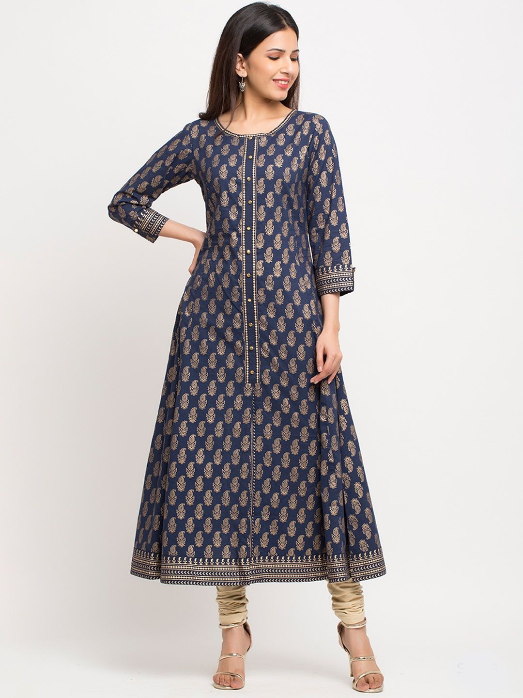 YASH GALLERY Women Blue & Gold-Toned Printed A-Line Kurta Price in India