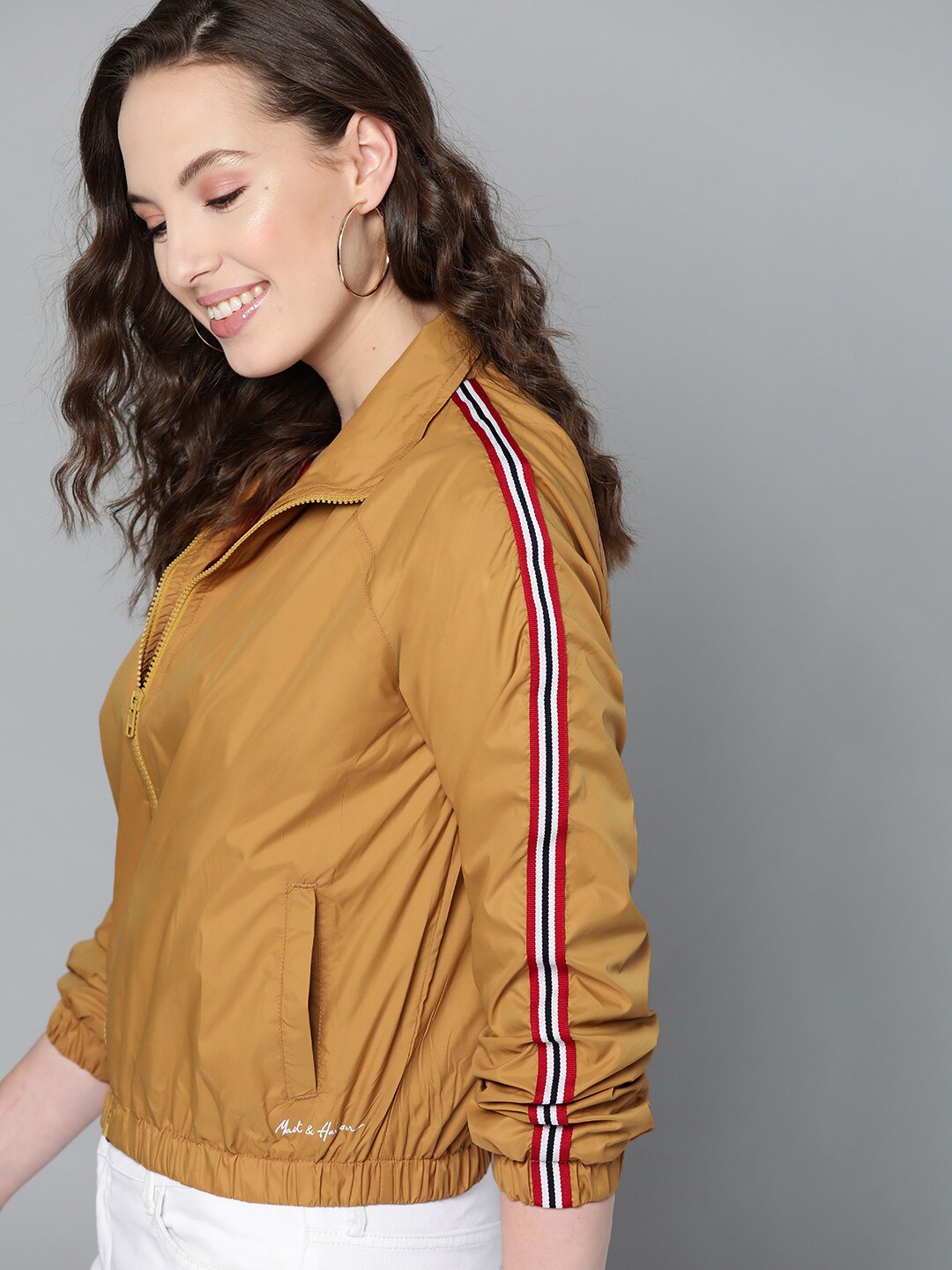 Mast & Harbour Women Mustard Yellow Solid Bomber Jacket Price in India