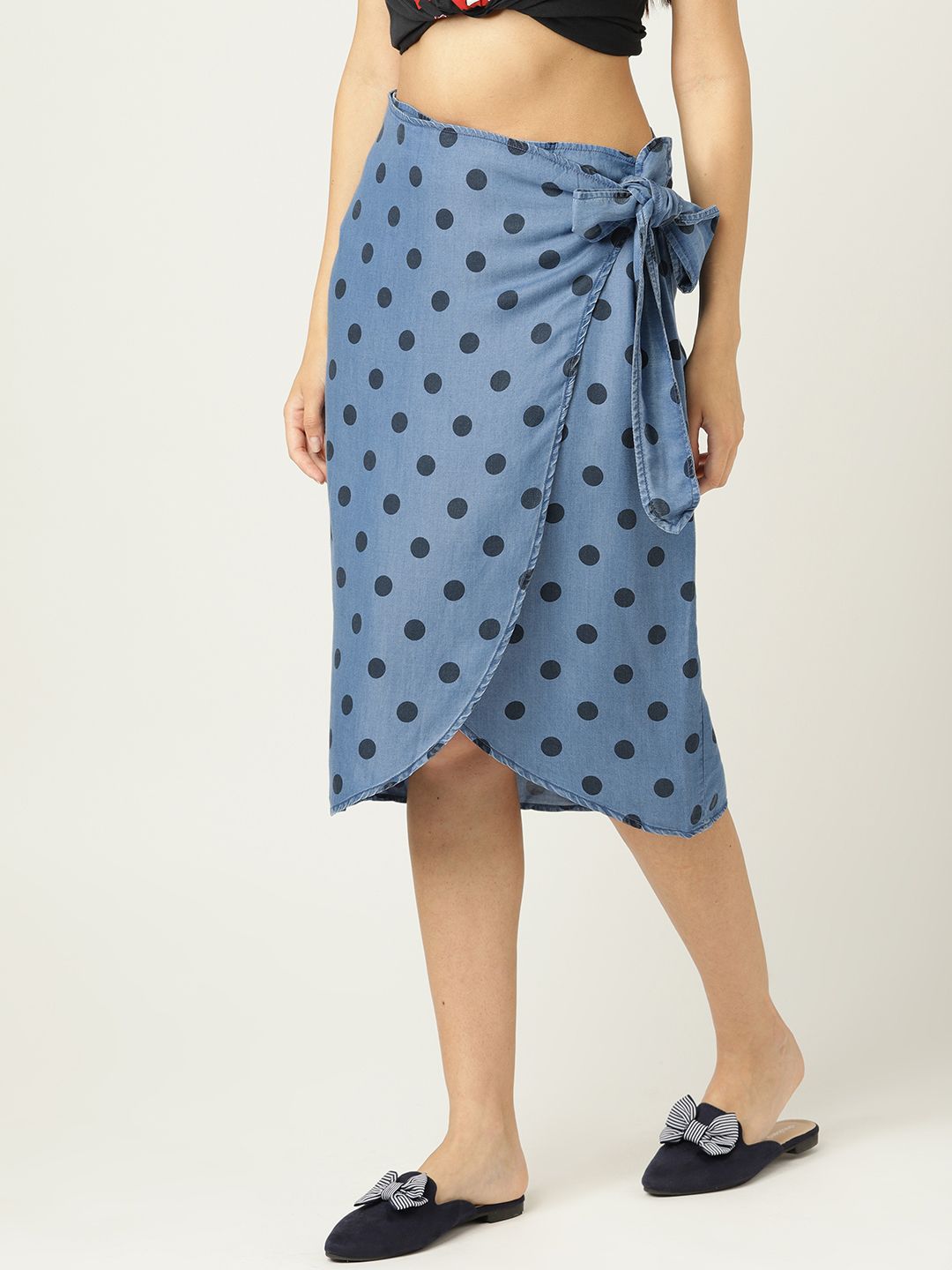 Buy MANGO Women Blue Pola Dots Print Chambray Midi Wrap Skirt