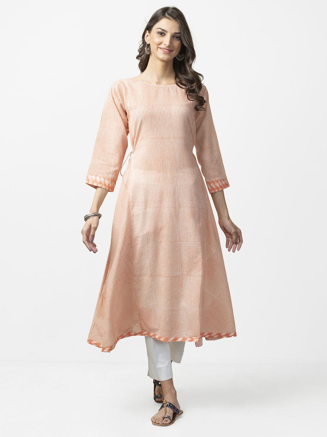 Fabindia Women Peach-Coloured & White Handblock Stripes A-Line Kurta
