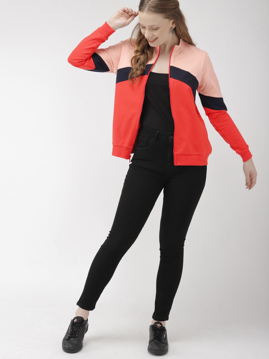 Mast & Harbour Women Red & Black Colourblocked Sweatshirt Price in India
