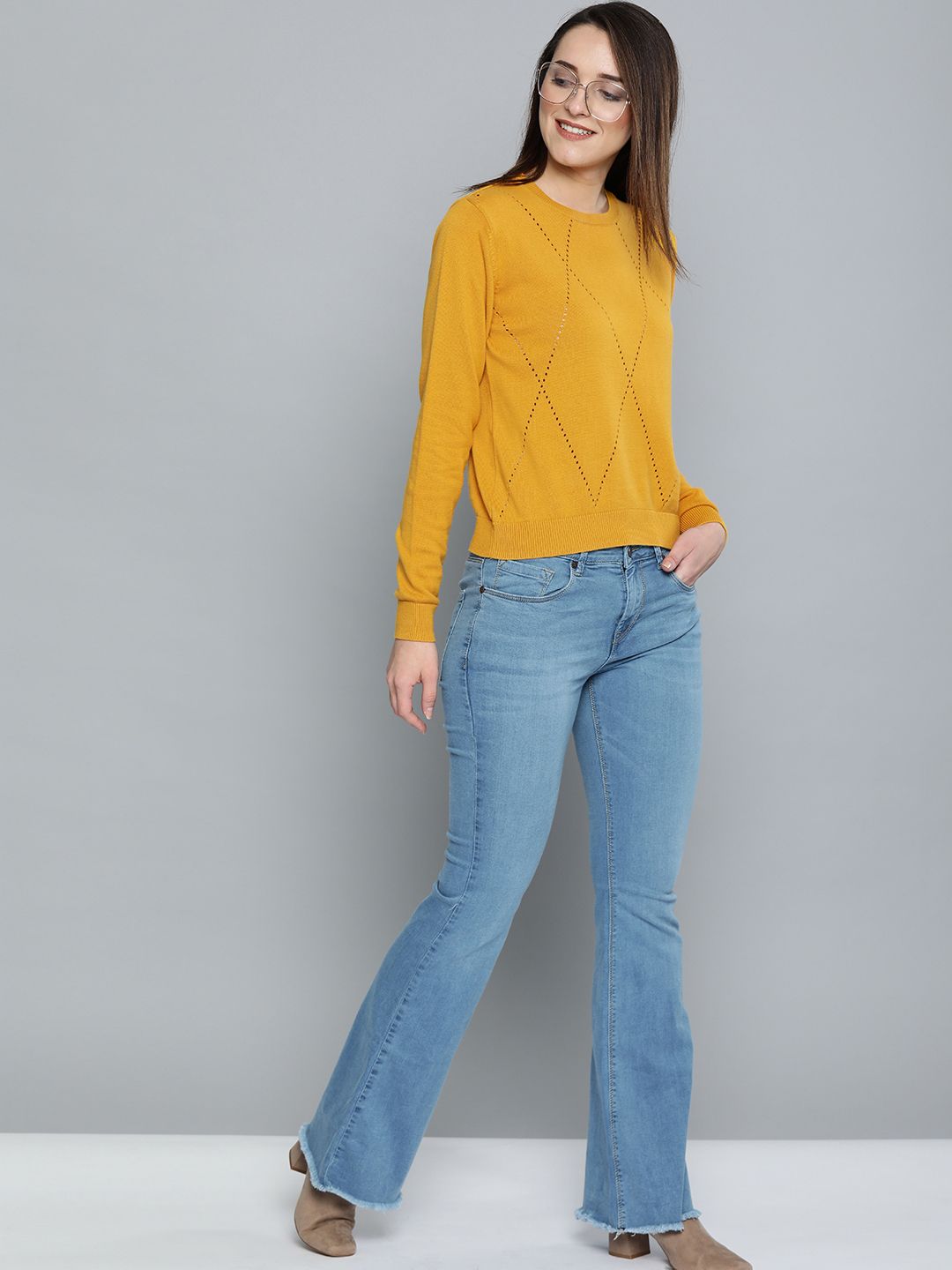 Mast & Harbour Women Mustard Yellow Self Design Sweater Price in India