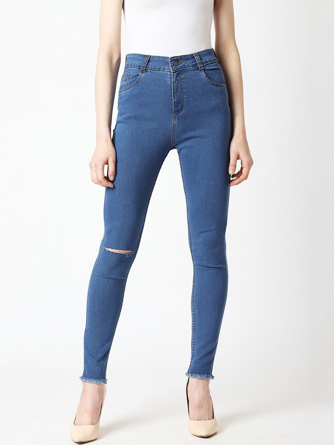 Miss Chase Women Blue Skinny Fit High-Rise Slash Knee Jeans Price in India