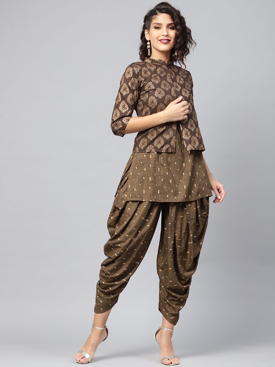 Libas Women Olive Brown & Golden Printed Kurti with Dhoti Pants & Ethnic Jacket Price in India