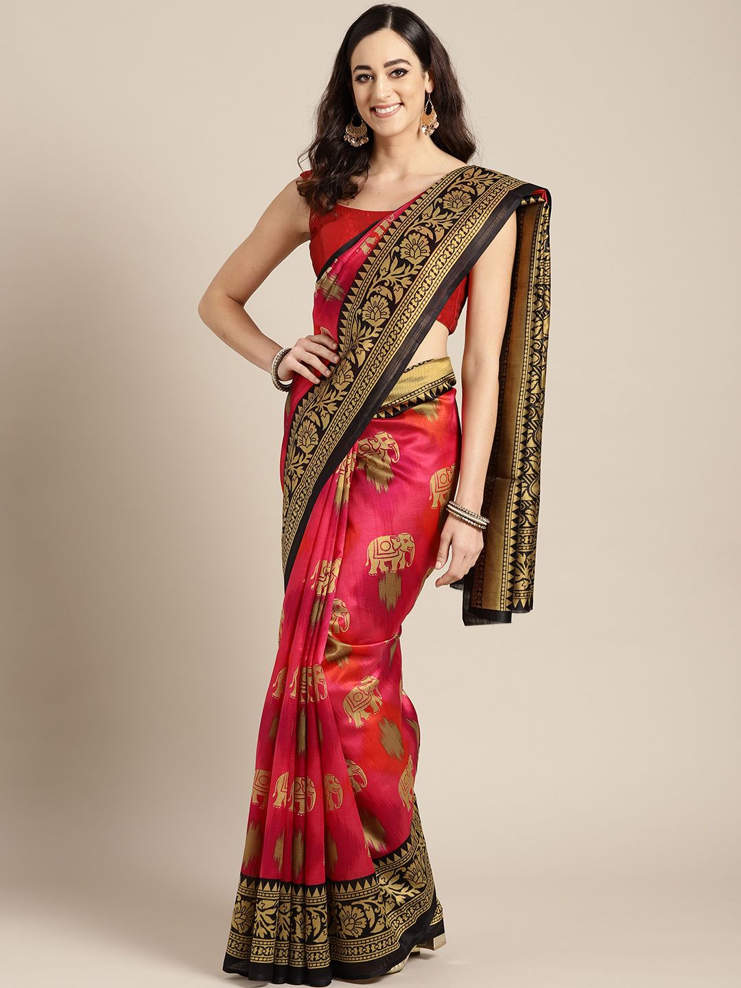 Ishin Magenta & Black Poly Georgette Printed Saree