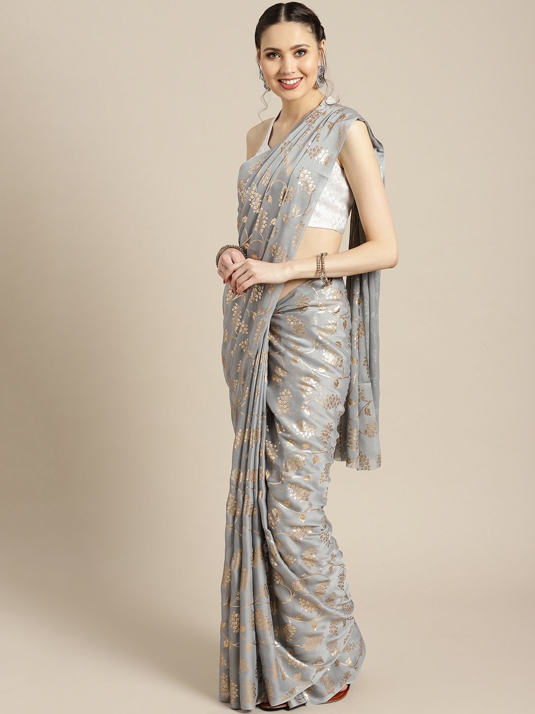 Ishin Grey & Golden Poly Georgette Foil Print Saree