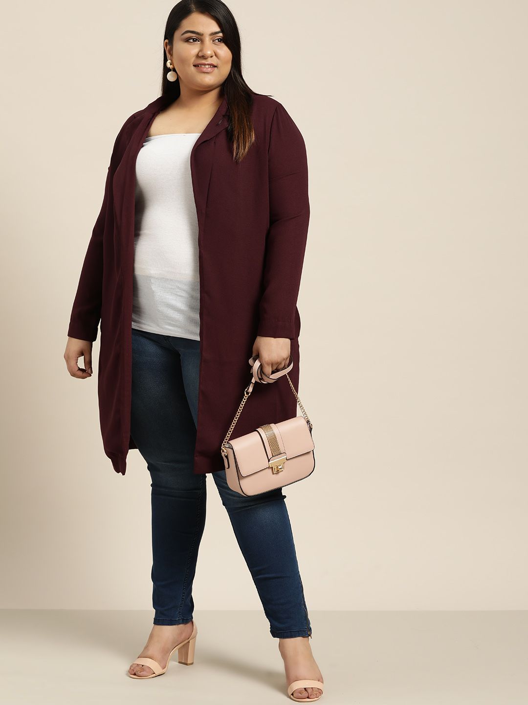 Sztori Plus Size Women Burgundy Solid Open Front Shrug Price in India