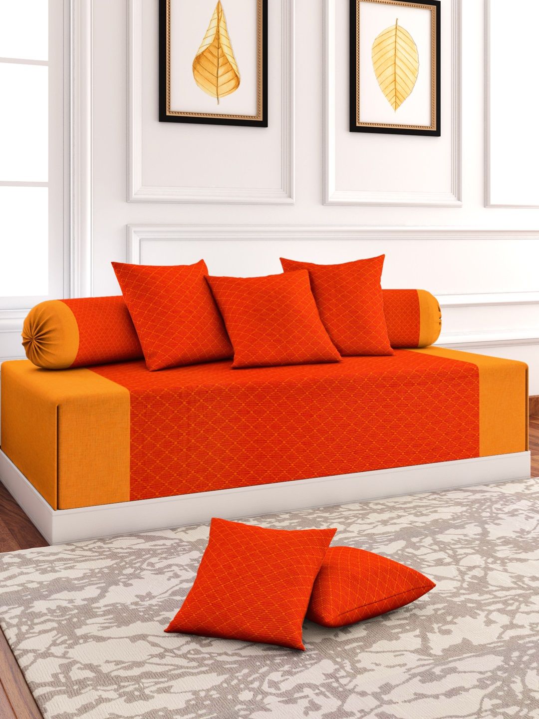 Soumya Set Of 6 Orange Printed Diwan Set Price in India