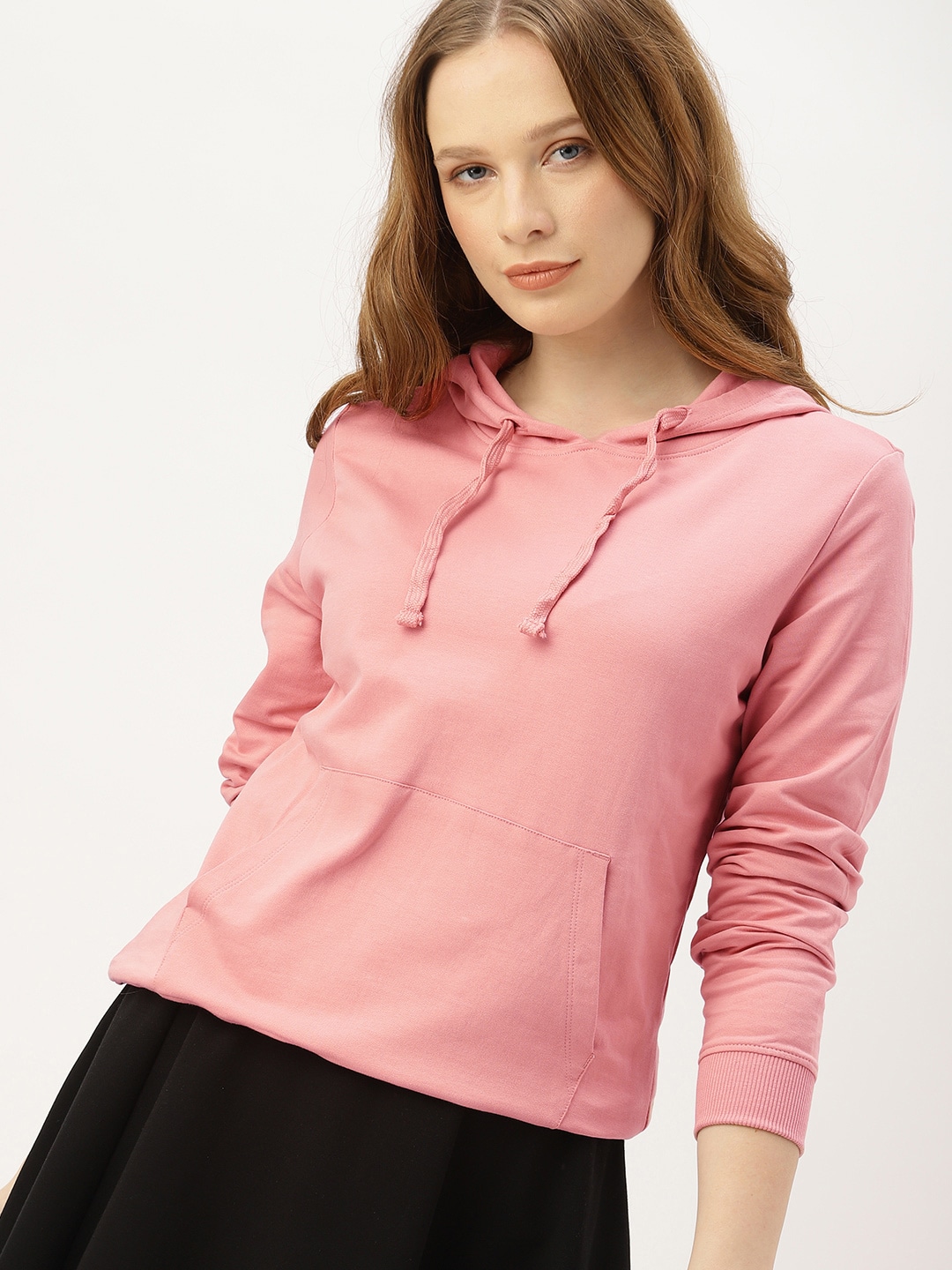 DressBerry Women Peach-Coloured Solid Hooded Sweatshirt Price in India