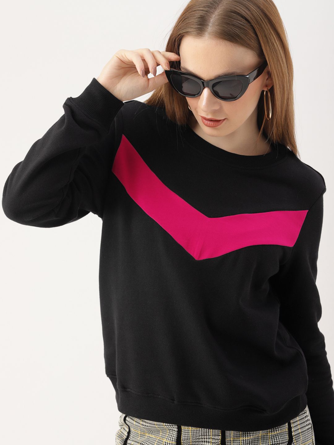 DressBerry Women Black & Pink Colourblocked Sweatshirt Price in India