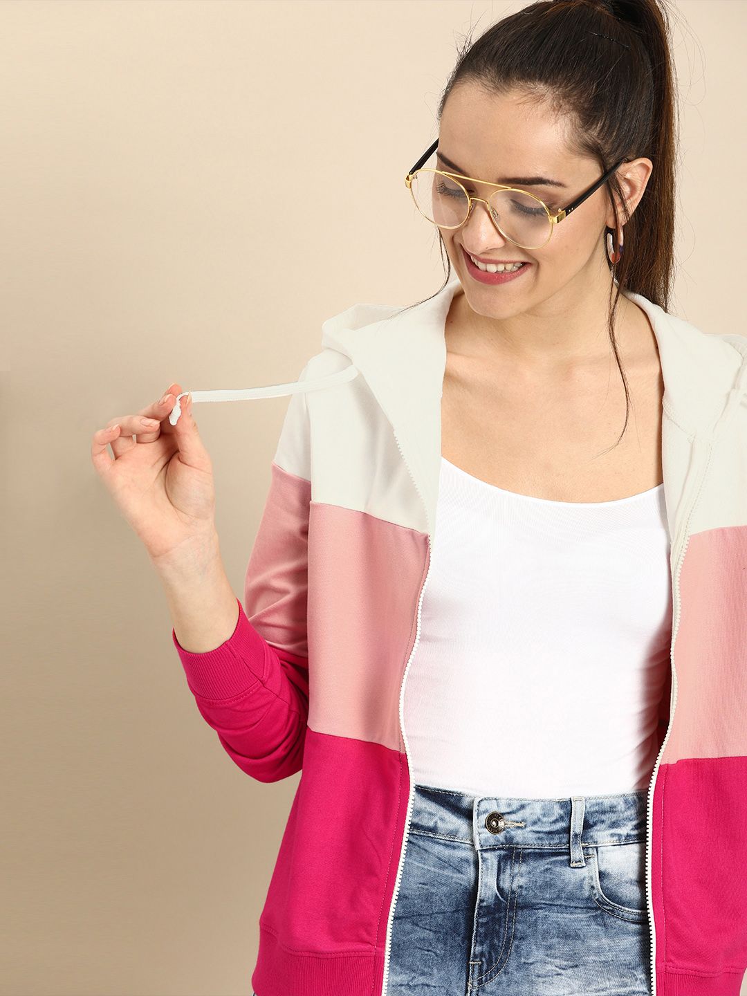 DressBerry Women Pink & Off-White Colourblocked Hooded Sweatshirt Price in India