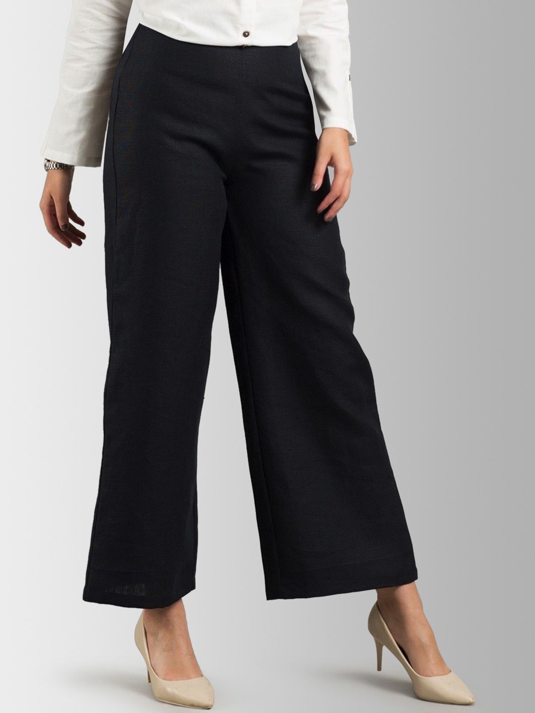 FableStreet Women Black Flared Solid Parallel Trousers Price in India