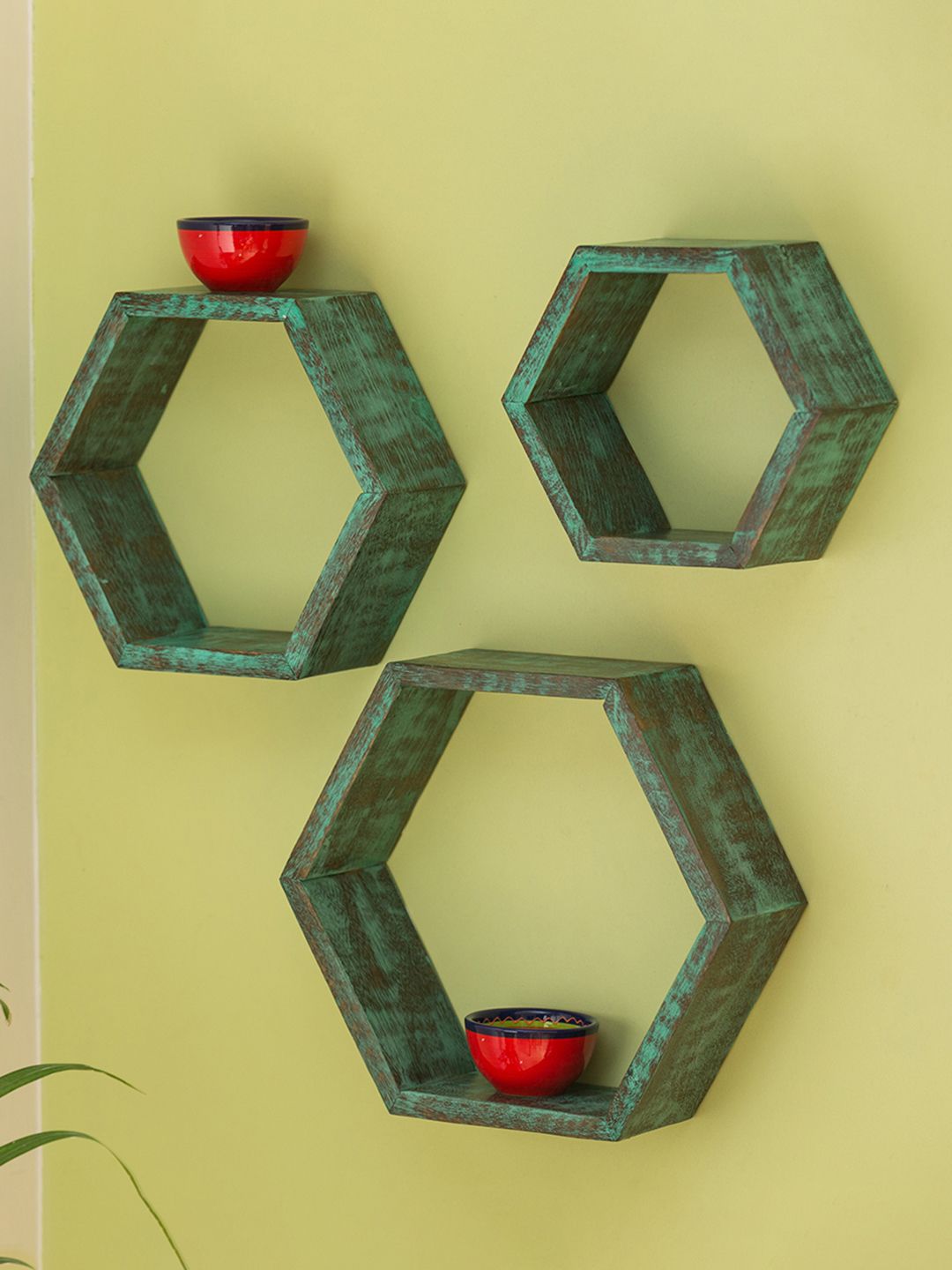 ExclusiveLane Sea Green Set of 3 Wooden Antique Finish Basic Wall Shelves Price in India