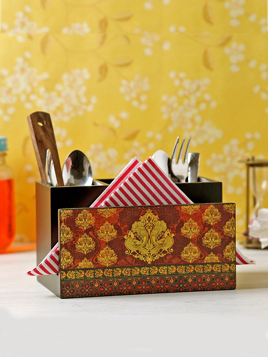 Reinvention Factory Multicoloured Printed Wooden Cutlery & Tissue Holder Price in India