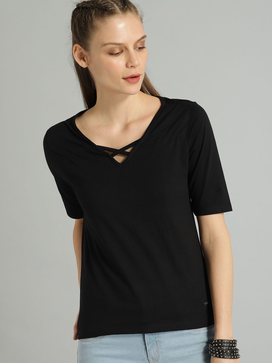 The Roadster Lifestyle Co Women Black Solid Pure Cotton Top Price in India
