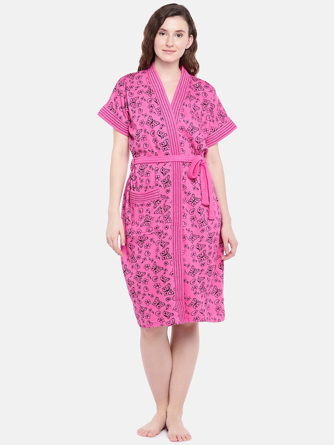 Sand Dune Women Pink & Black Printed Bath Robe 7054 Price in India