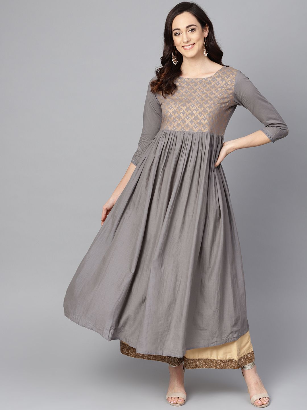 Varanga Women Grey & Gold-Toned Yoke Design A-Line Kurta