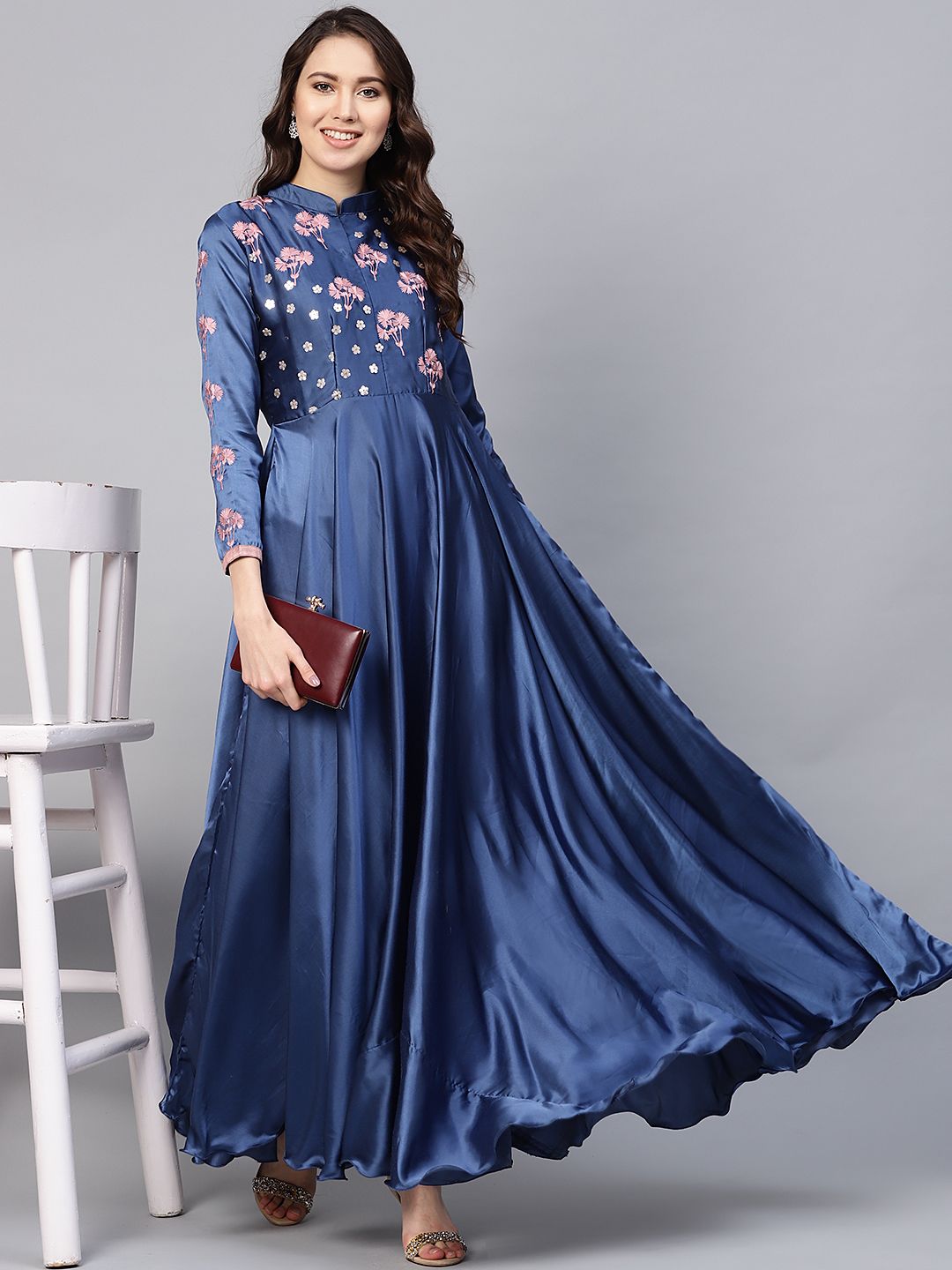 Inddus Women Blue Embroidered Detail Maxi Dress