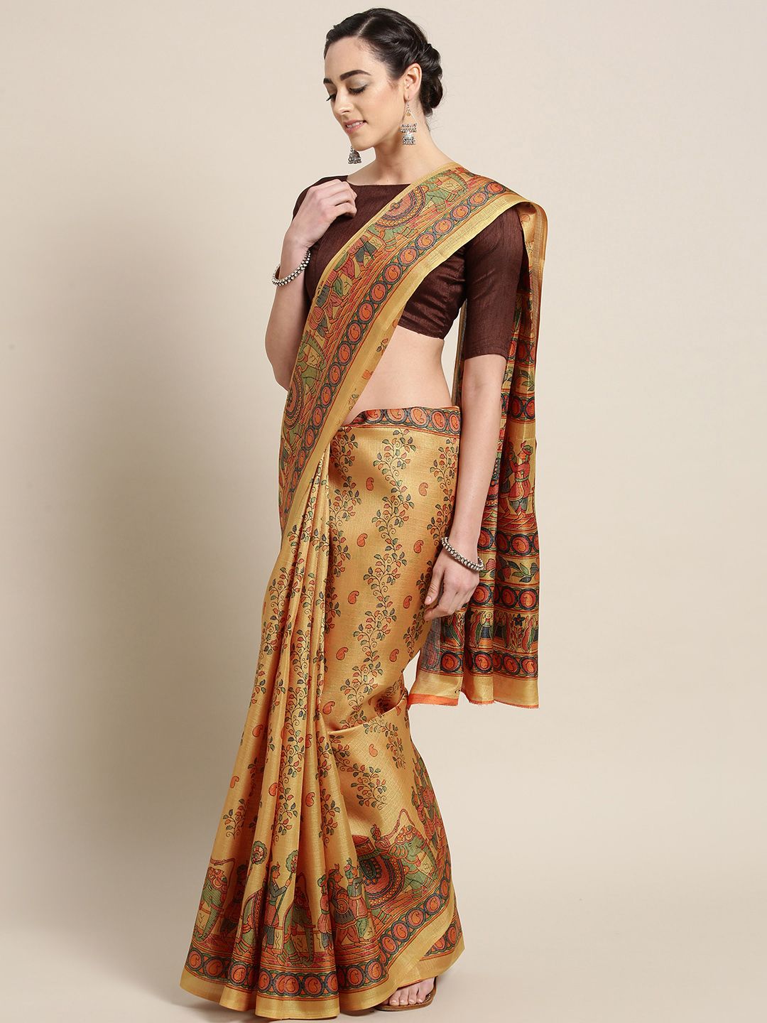 Saree mall Mustard Yellow & Orange Printed Saree Price in India