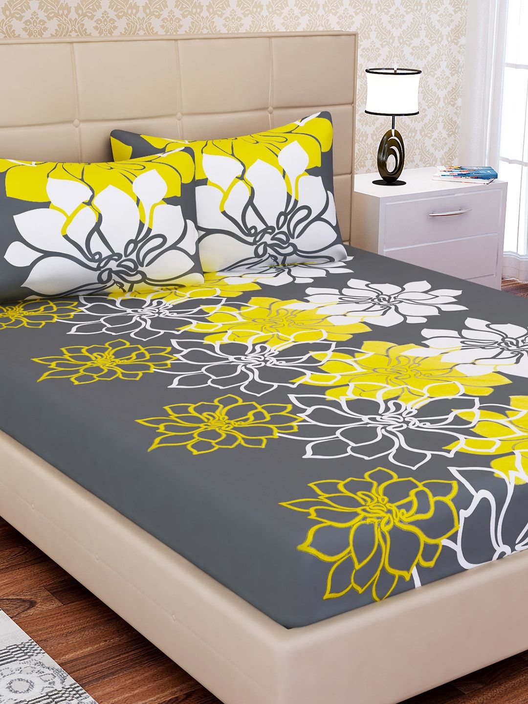 SEJ by Nisha Gupta Grey & Yellow Floral 144 TC Cotton 1 King Bedsheet with 2 Pillow Covers Price in India