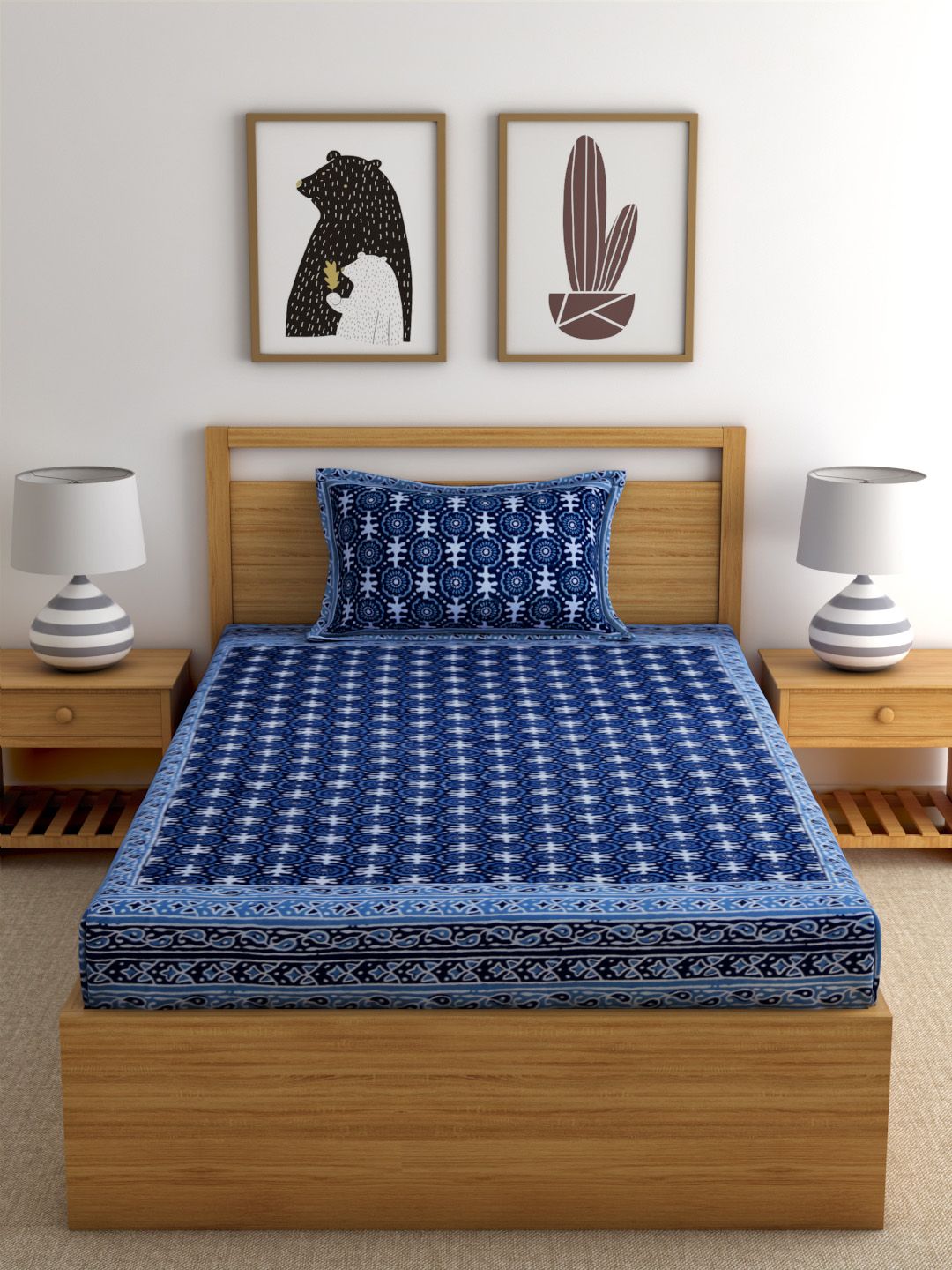 Rajasthan Decor Navy Blue Block Print 144 TC Cotton 1 Single Bedsheet with 2 Pillow Covers Price in India
