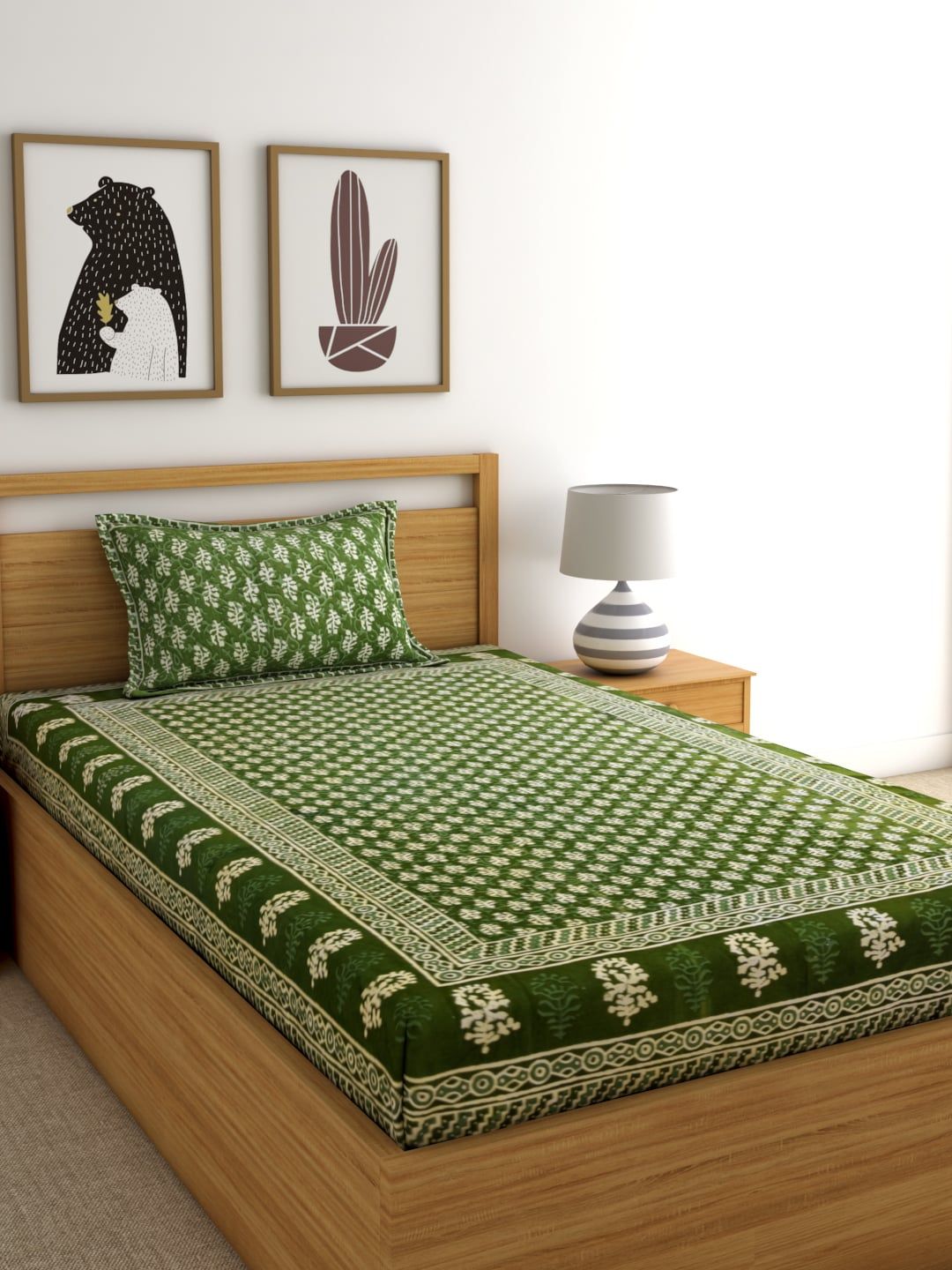 Rajasthan Decor Green Screen Printed 144 TC Cotton 1 Single Bedsheet with 1 Pillow Cover Price in India