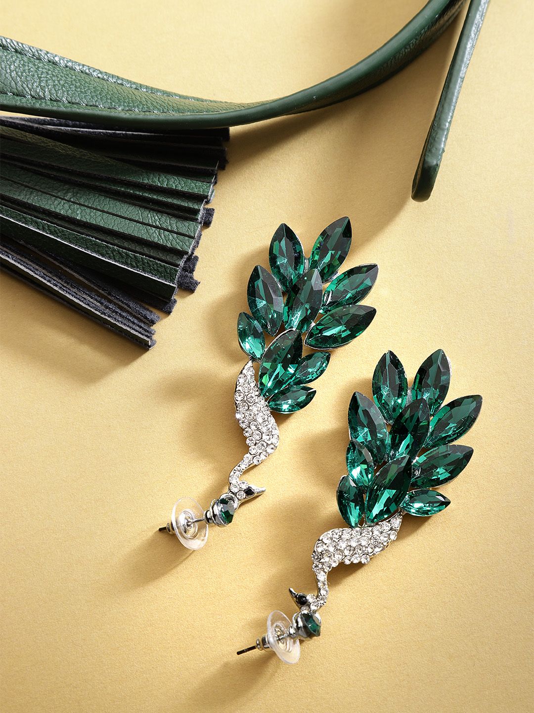 YouBella Green Silver-Plated Handcrafted Stone-Studded Peacock Shaped Drop Earrings Price in India