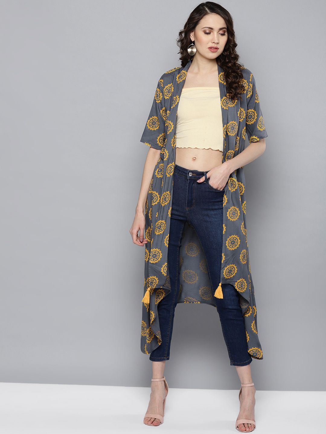 STREET 9 Grey & Yellow Printed Open Front Shrug Price in India