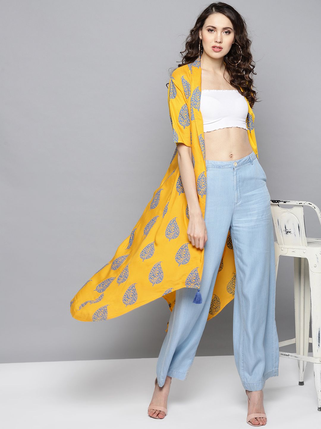 STREET 9 Yellow & Blue Printed Open Front Longline Shrug Price in India