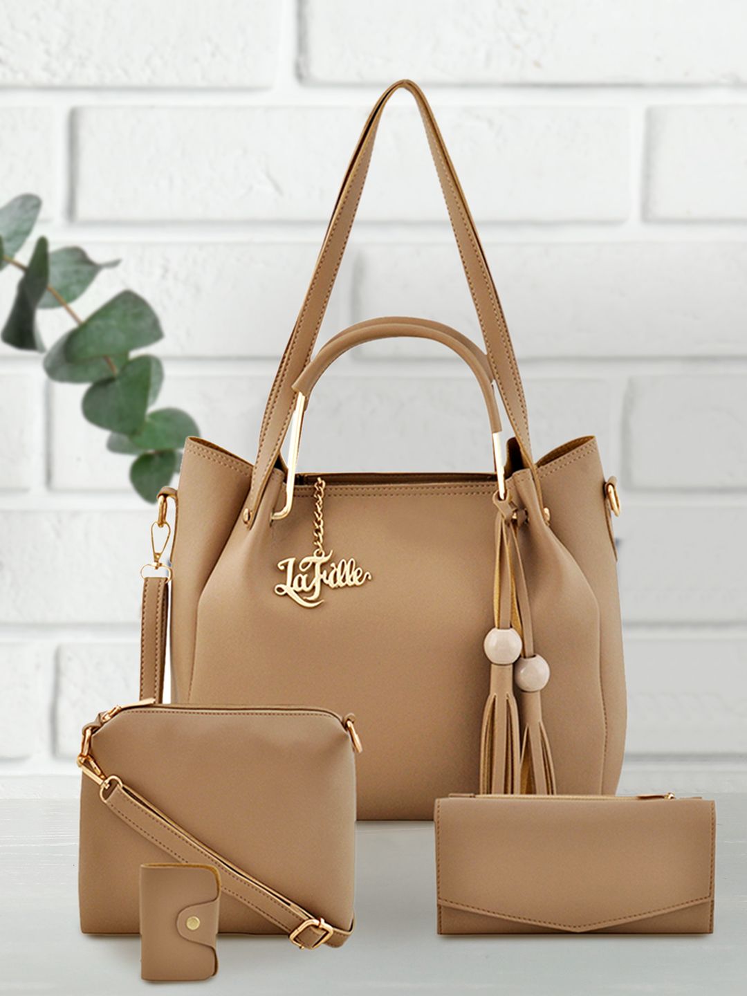 LaFille Beige Pack of 4 Solid Handbags Price in India