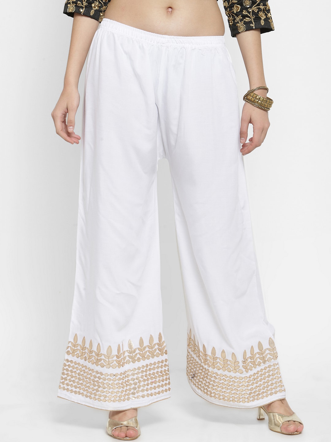 Clora Creation Women White & Gold-Toned Straight Solid Palazzos Price in India