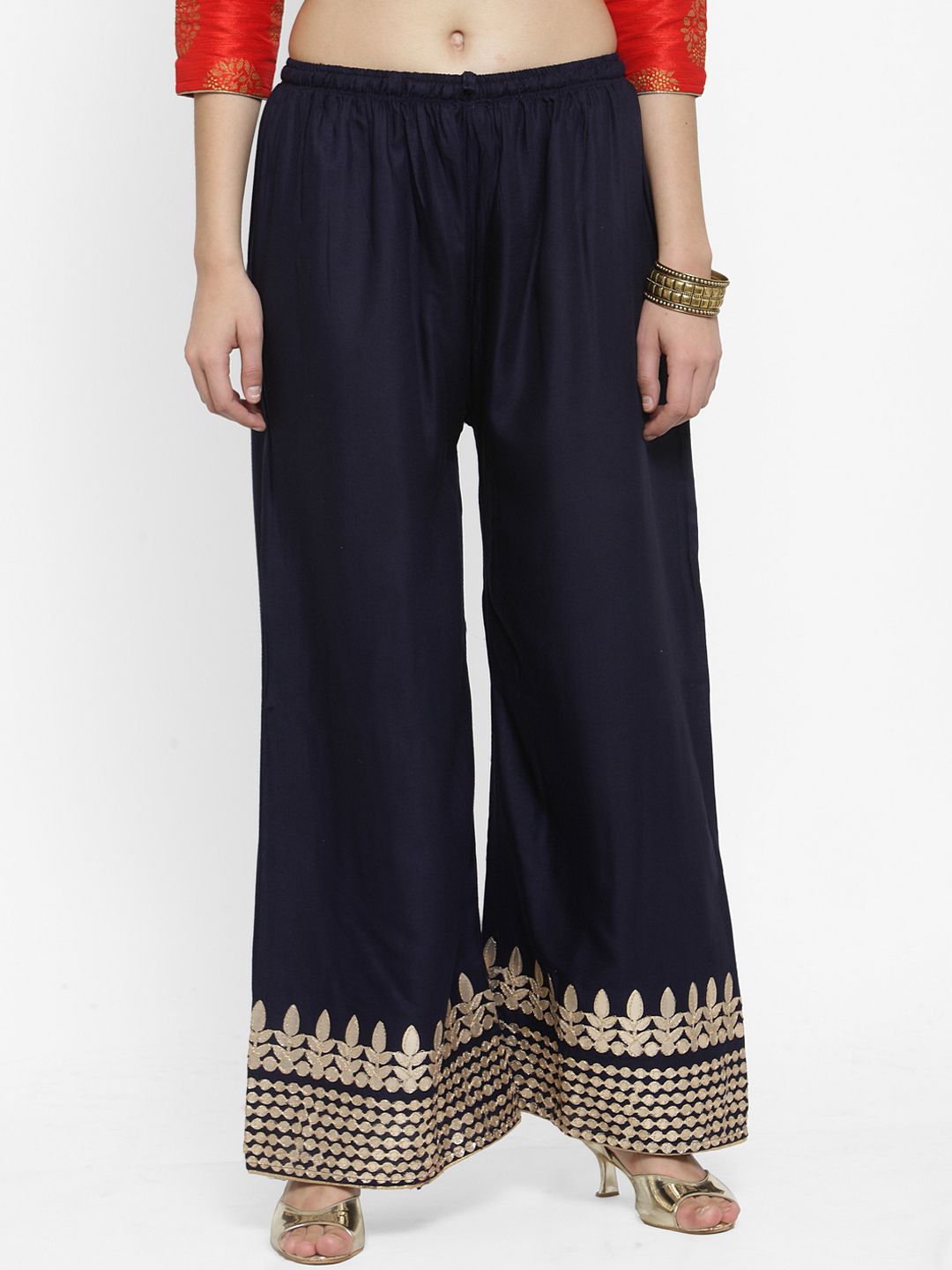 Clora Creation Women Navy Blue & Gold-Coloured Solid Straight Palazzos Price in India