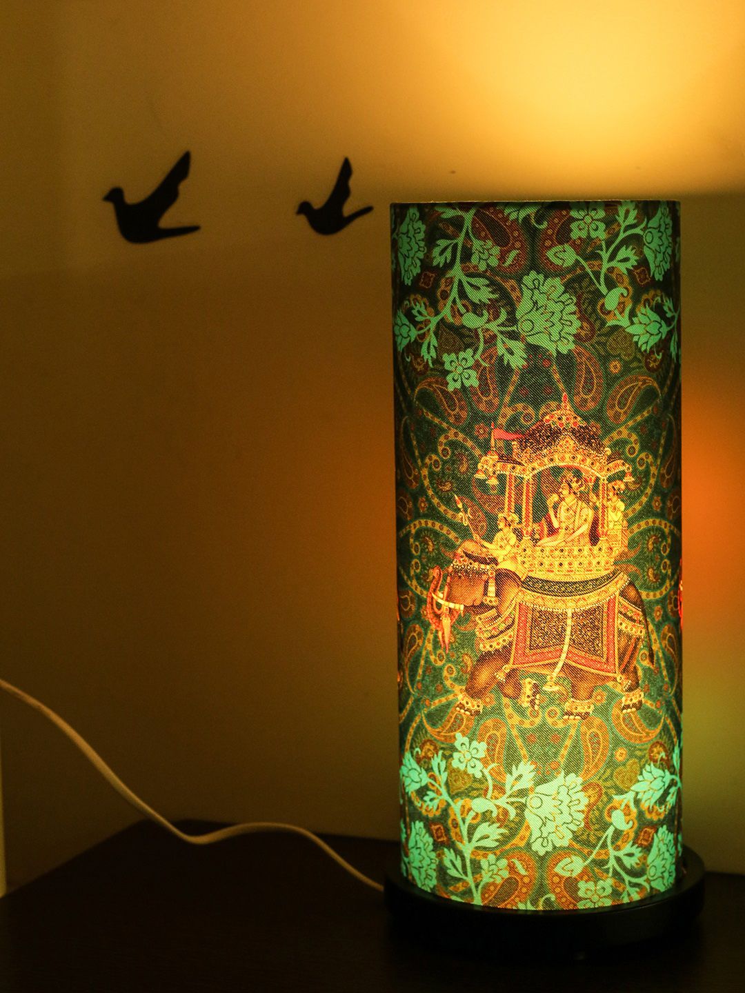 Reinvention Factory Green Printed Column Table Lamp with Shade Price in India