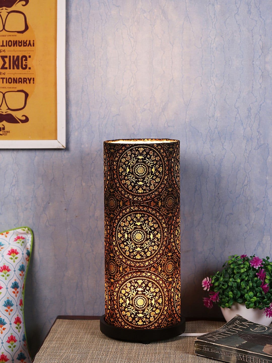 Reinvention Factory Black & Yellow Printed Column Table Lamp with Shade Price in India