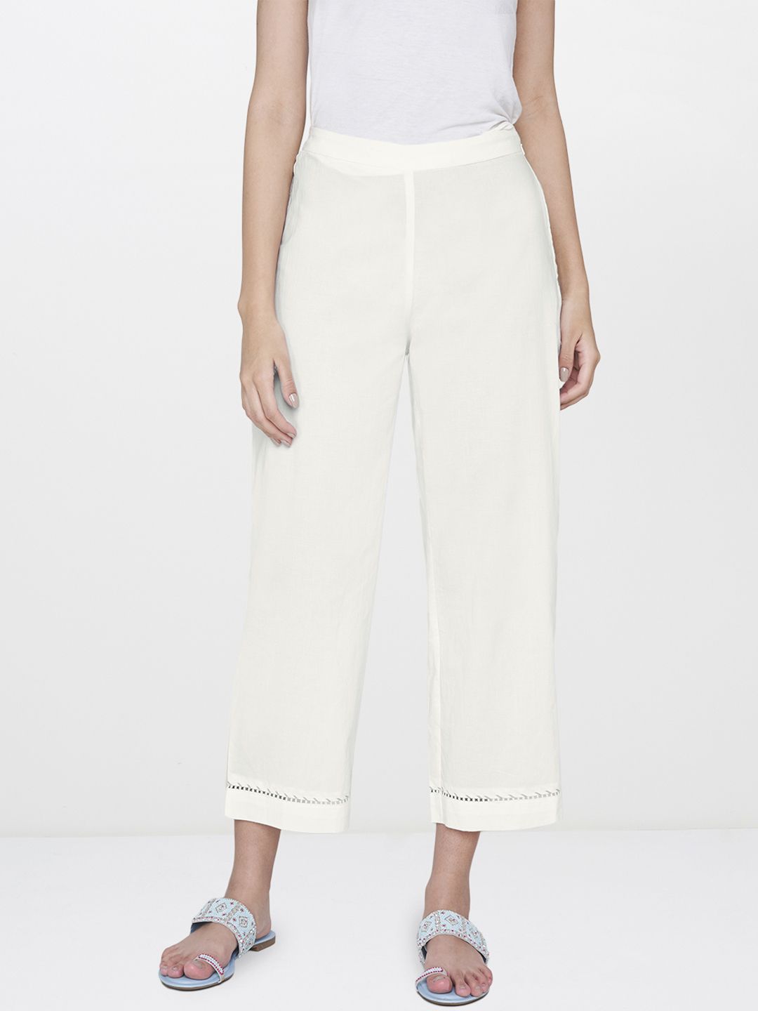 Global Desi Women White Loose Fit Solid Cropped Regular Trousers