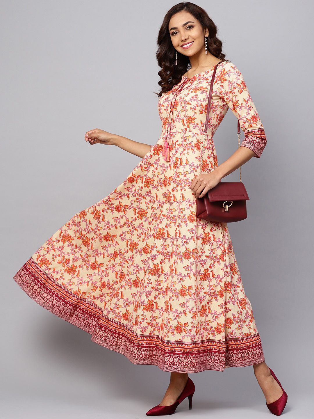 anayna Women Yellow & Orange Printed Maxi Dress Price in India