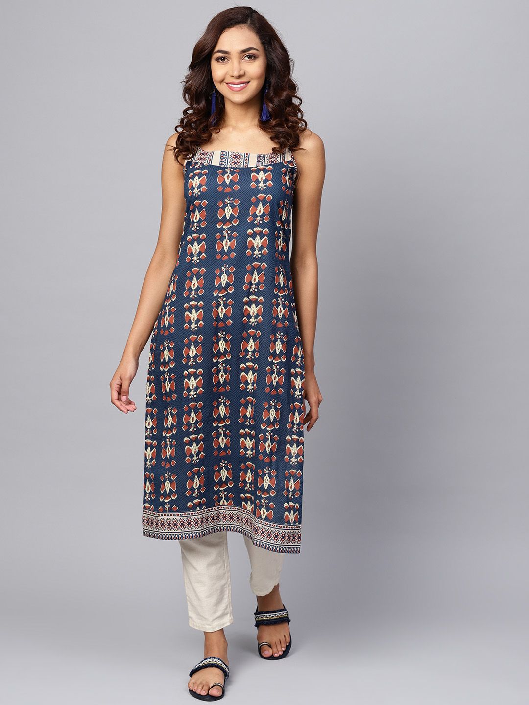 anayna Women Navy Blue & Rust Orange Printed Straight Kurta Price in India