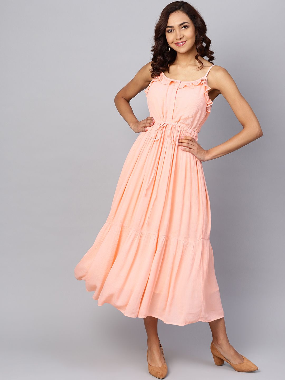 anayna Women Peach-Coloured Solid Empire Dress Price in India