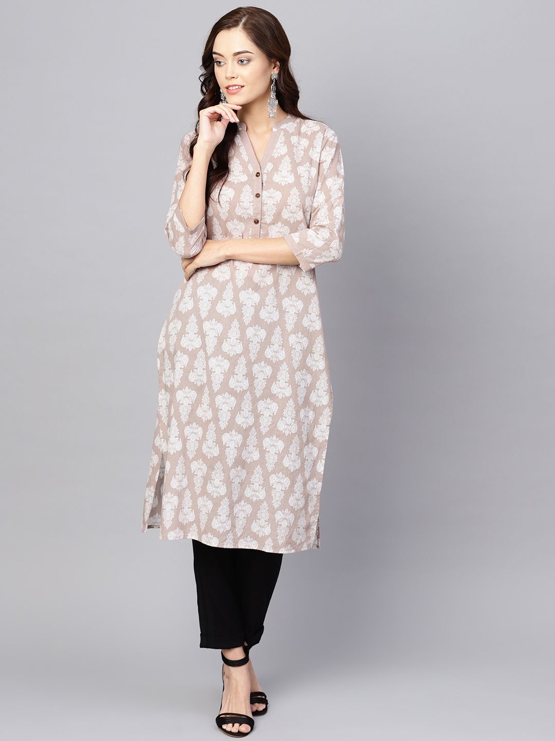 anayna Women Beige & White Printed Straight Kurta Price in India