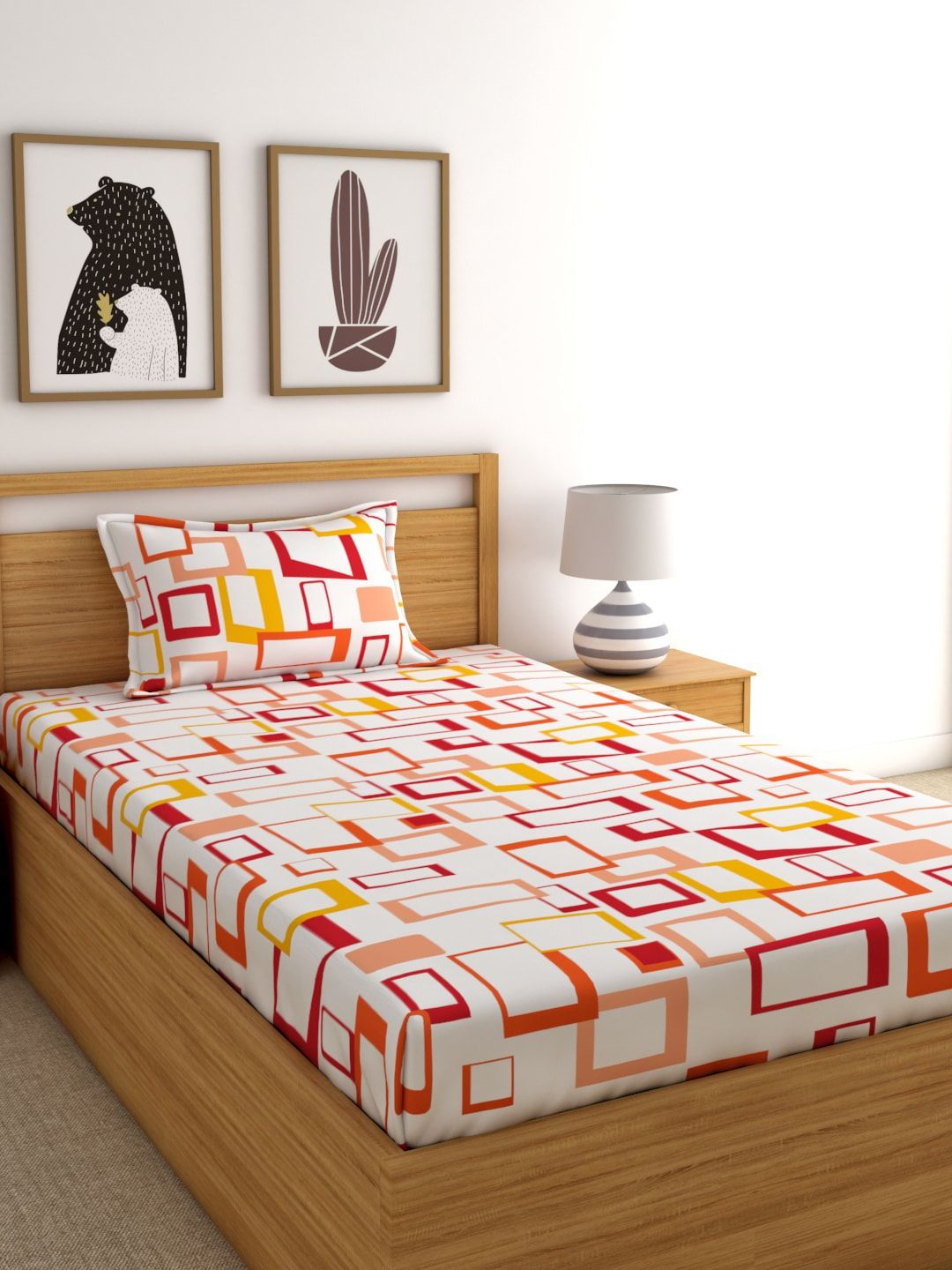 Home Ecstasy White & Orange Geometric 140 TC Cotton 1 Single Bedsheet with 1 Pillow Cover Price in India